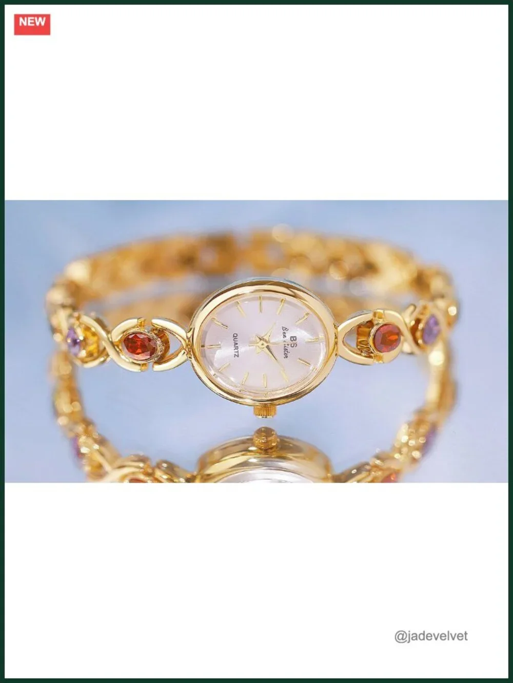 Luxury Vintage Gold Tone Women's Bracelet Watch with Jade Crystal Oval Dial